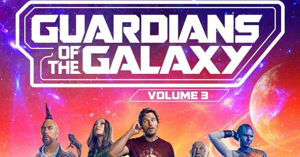 Guardians of the Galaxy Vol 3 Logo with the heads of Mantis, Star-Lord, Drax, and Nebula