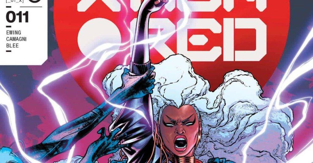 The mutant Storm raising her fist in the air with a background the reads X-Men Red