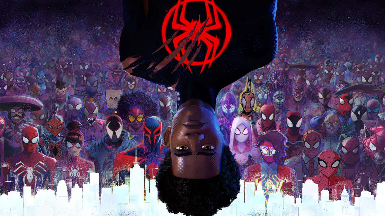 Miles Morales hanging upside down with a ton of Spider-People behind him